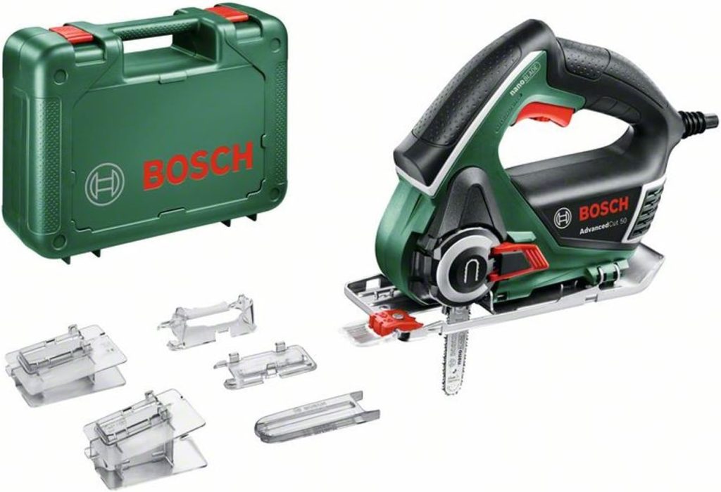Bosch Home and Garden AdvancedCut 50 - Sierra de calar con Tecnología NanoBlade (500 W, hoja sierra, tapa protectora, protección contra astillas, maletín)