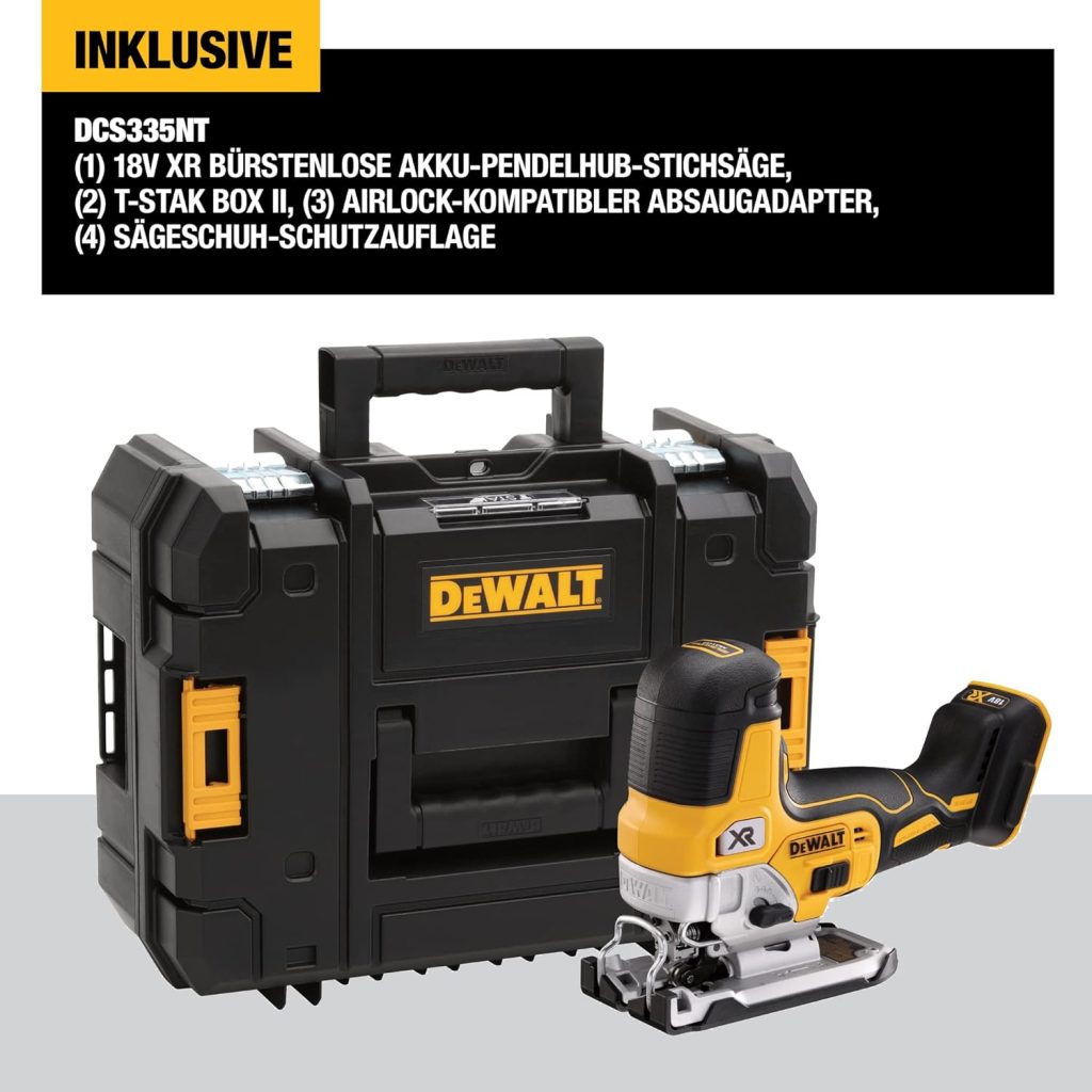 DEWALT DCS335NT-XJ, Sierra de calar sin escobillas 18V XR, Incluye maletín TSTAK, 3200cps/min, Corte madera 135mm /Acero 10mm, No incluye batería ni cargador