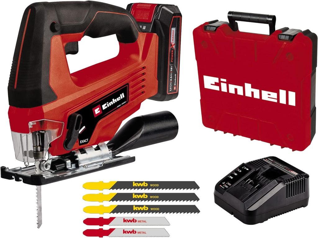 Einhell Sierra de calar con batería TC-JS 18 Li (1x2,5 Ah) Power X-Change (iones de Li, 18V, función de carrera pendular, adaptador de aspiración, incl. 1 batería de 2,5 Ah, cargador y maletín)