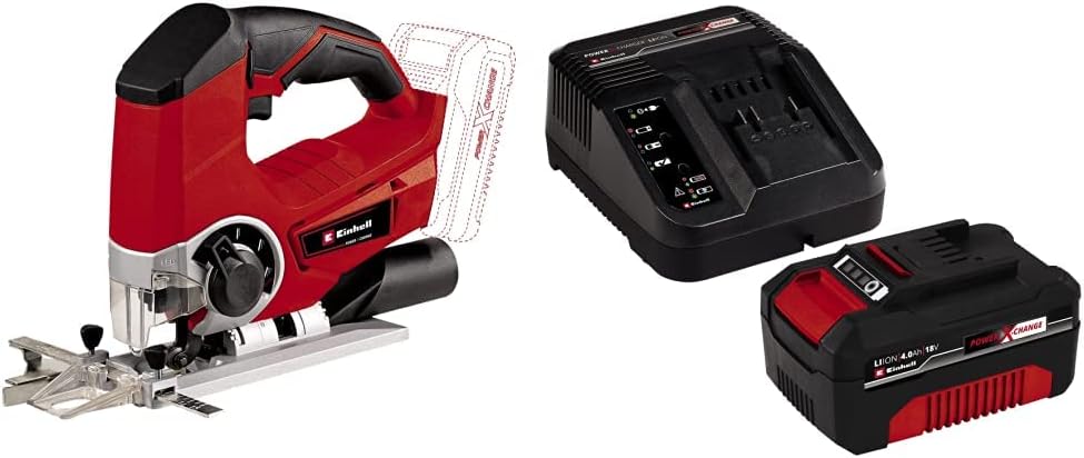 Einhell TE-JS 18 Li - Sierra de calar inalámbrica, 12 W, 18 V, función de soplado de polvo (ref. 4321200) + 4512042 Kit con Cargador y batería de repuest, tiempo de carga: 60 Minutos