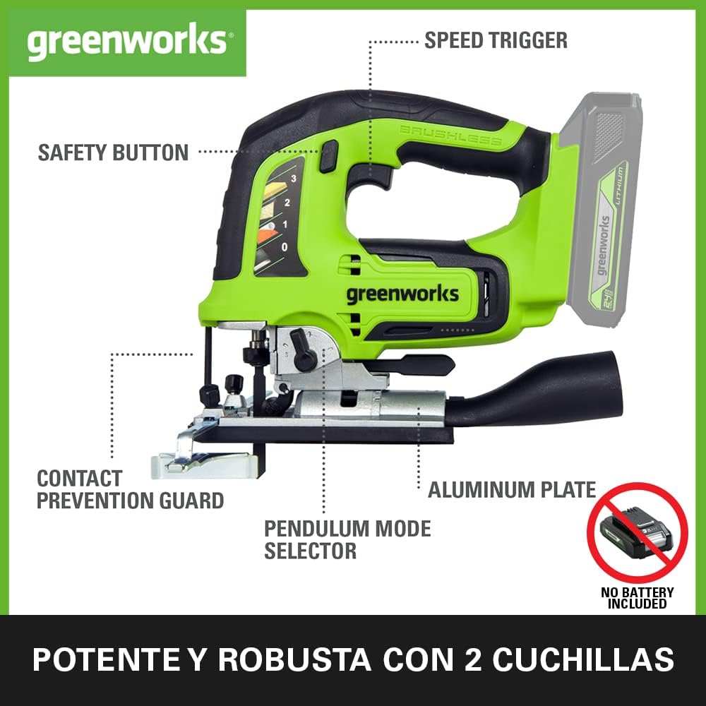 Greenworks GD24JS Sierra de Calar a Batería, 3000spm, Base Ajustable hasta 45°, Accesorio de Aspiración, SIN Batería de 24V y Cargador, Garantía de 3 Años