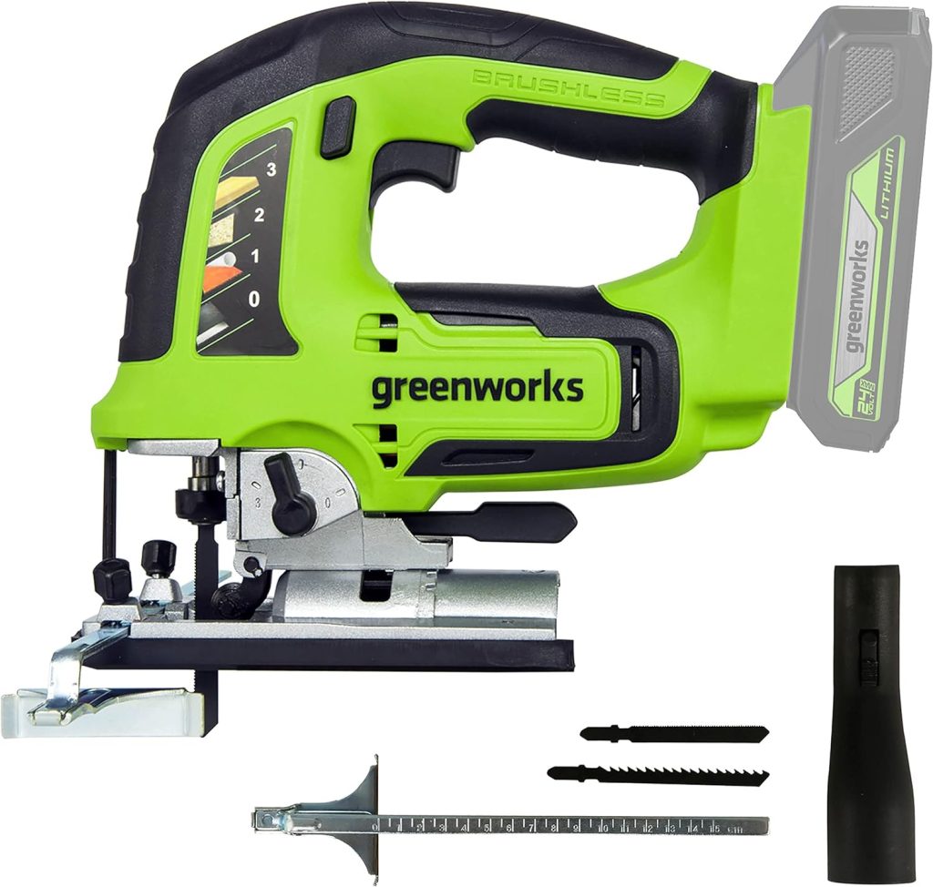 Greenworks GD24JS Sierra de Calar a Batería, 3000spm, Base Ajustable hasta 45°, Accesorio de Aspiración, SIN Batería de 24V y Cargador, Garantía de 3 Años
