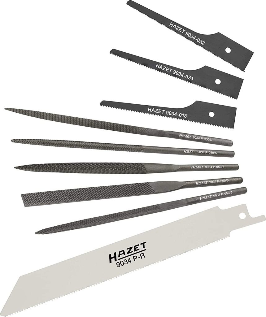 HAZET Sierra de calar 9034P-2, incluye 3 hojas de sierra, 1 hoja de sierra alternativa, 5 limas y 1 llave hexagonal, herramienta práctica, adecuada para radios de sierra pequeños