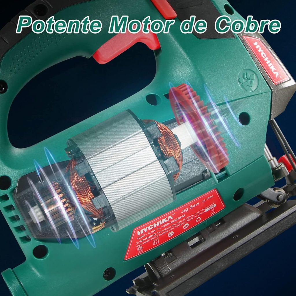 HYCHIKA Sierra de Calar, 110mm, 800W 800-3000SPM, Velocidad Ajustable (1-6), 4 Modos de Corte, Corte -45º a 45º, Caja Magnética de Hoja, Cortar Madera Metal Plástico