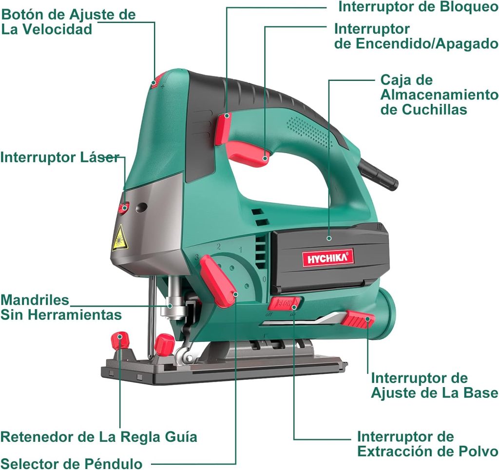 HYCHIKA Sierra de Calar, 110mm, 800W 800-3000SPM, Velocidad Ajustable (1-6), 4 Modos de Corte, Corte -45º a 45º, Caja Magnética de Hoja, Cortar Madera Metal Plástico