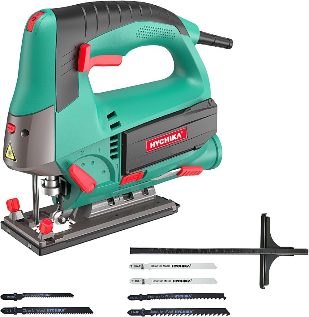 HYCHIKA Sierra de Calar, 110mm, 800W 800-3000SPM, Velocidad Ajustable (1-6), 4 Modos de Corte, Corte -45º a 45º, Caja Magnética de Hoja, Cortar Madera Metal Plástico