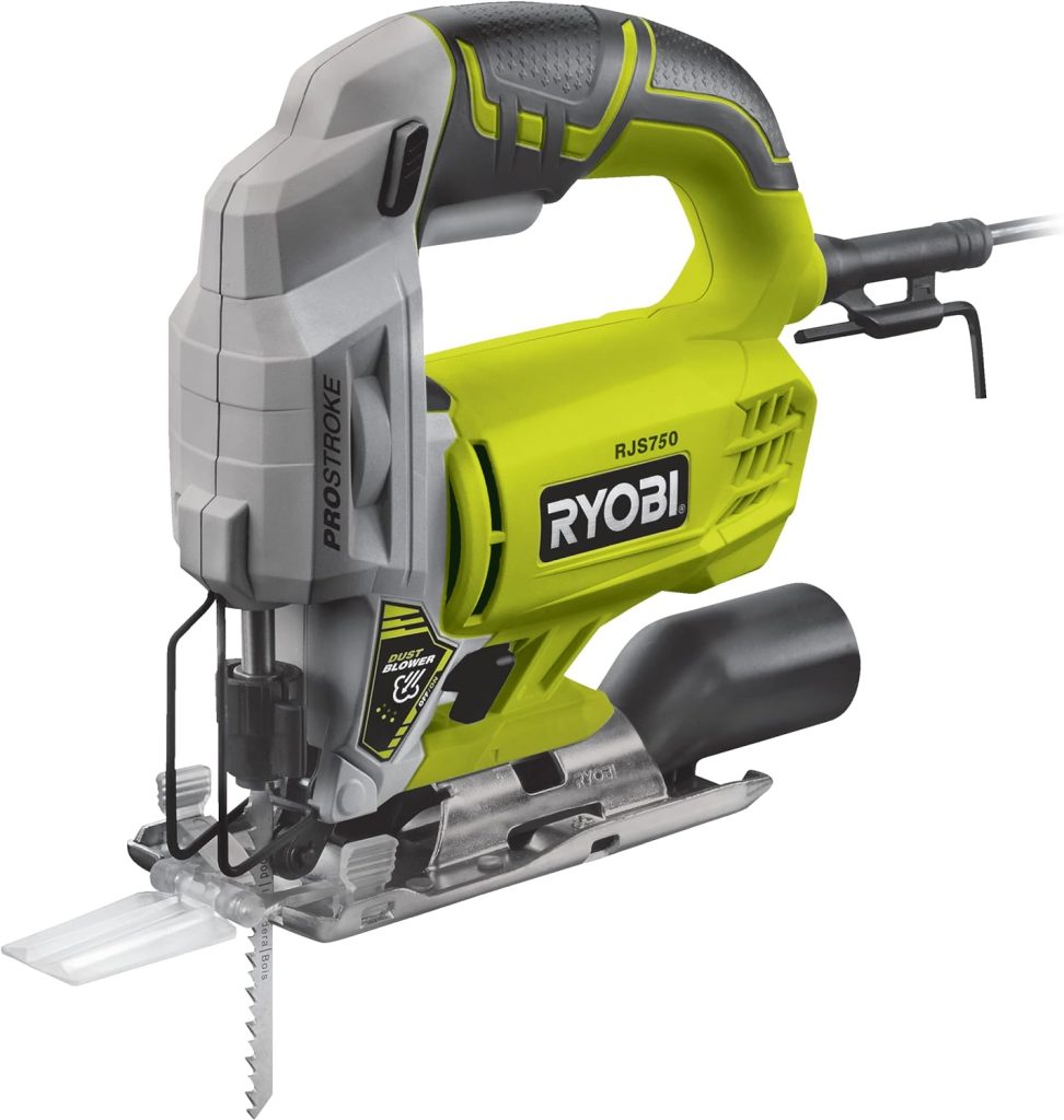 RYOBI - Sierra de Calar Pendular 220V, 500W, 3000cps/min, Inclinación 0 a 45° Derecha e Izquierda, Mango GripZone, Soplador, Cuchilla Divisora, Gatillo de Bloqueo, Uso en Madera y Metal - RJS750-G