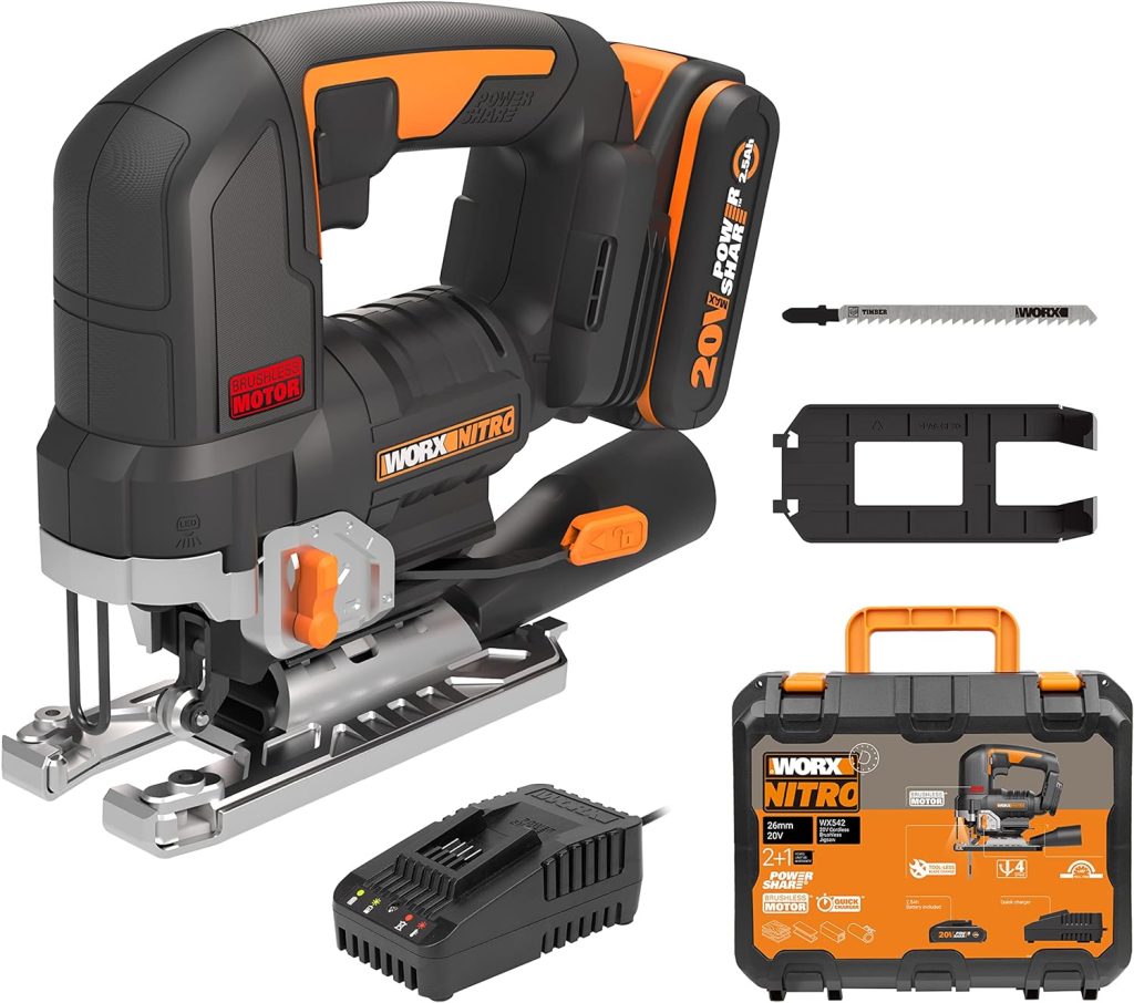 Sierra de calar 20V Worx | Power Share| WX542 Potente motor sin escobillas |1 batería de 2Ah, cargador y maletín | 3 posiciones, penduleo y tubo de aspiración