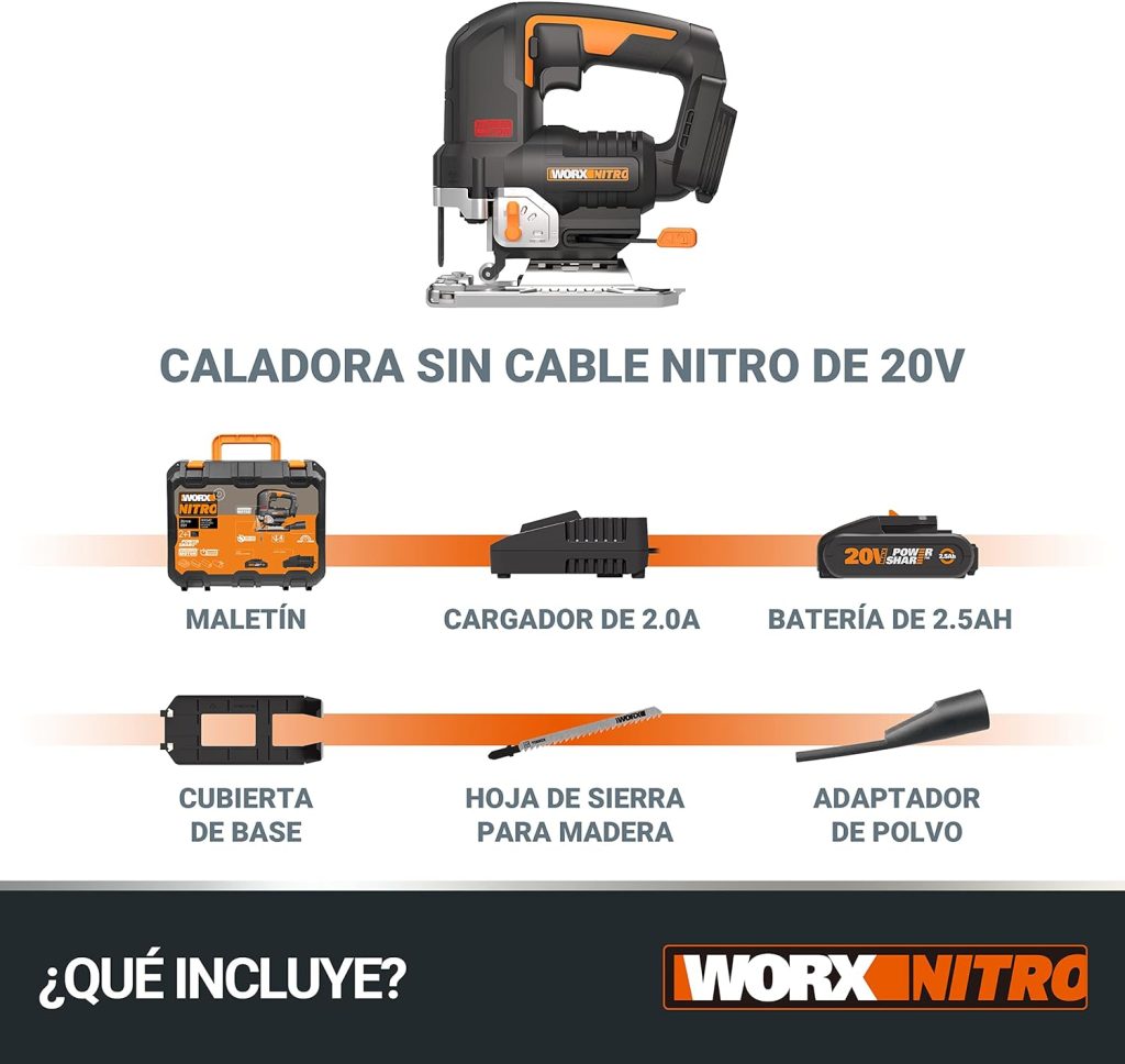Sierra de calar 20V Worx | Power Share| WX542 Potente motor sin escobillas |1 batería de 2Ah, cargador y maletín | 3 posiciones, penduleo y tubo de aspiración