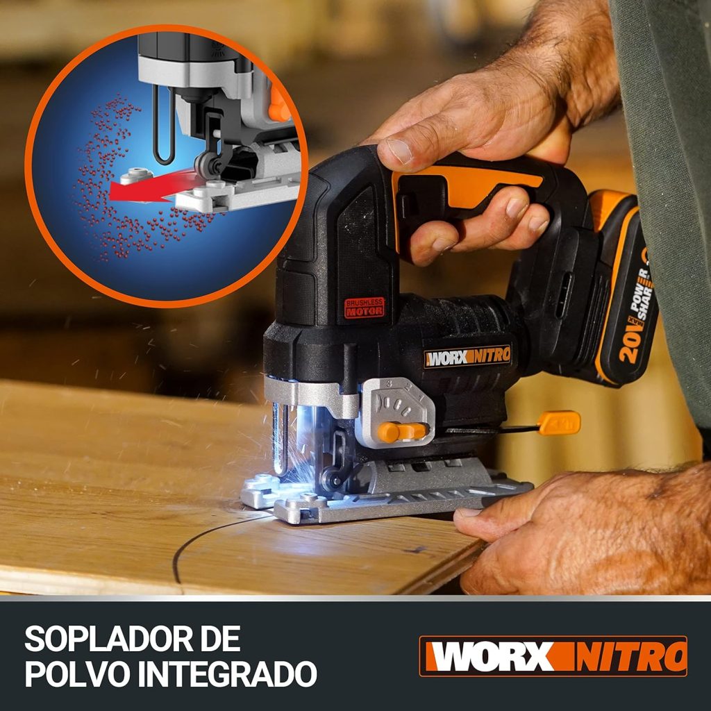 Sierra de calar 20V Worx | Power Share| WX542 Potente motor sin escobillas |1 batería de 2Ah, cargador y maletín | 3 posiciones, penduleo y tubo de aspiración