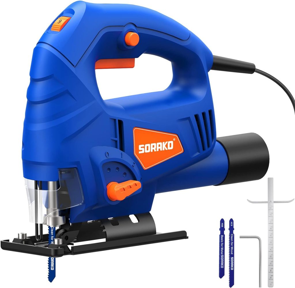 Sierra de calar 600 W, SORAKO caladora eléctrica 800~3000SPM, máx65 mm, 6 engranajes, 4 posiciones de pista, ángulo de corte ± 45°, para madera, PVC, madera contrachapada y metal