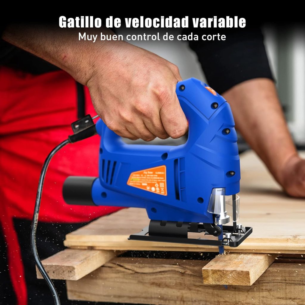 Sierra de calar 600 W, SORAKO caladora eléctrica 800~3000SPM, máx65 mm, 6 engranajes, 4 posiciones de pista, ángulo de corte ± 45°, para madera, PVC, madera contrachapada y metal