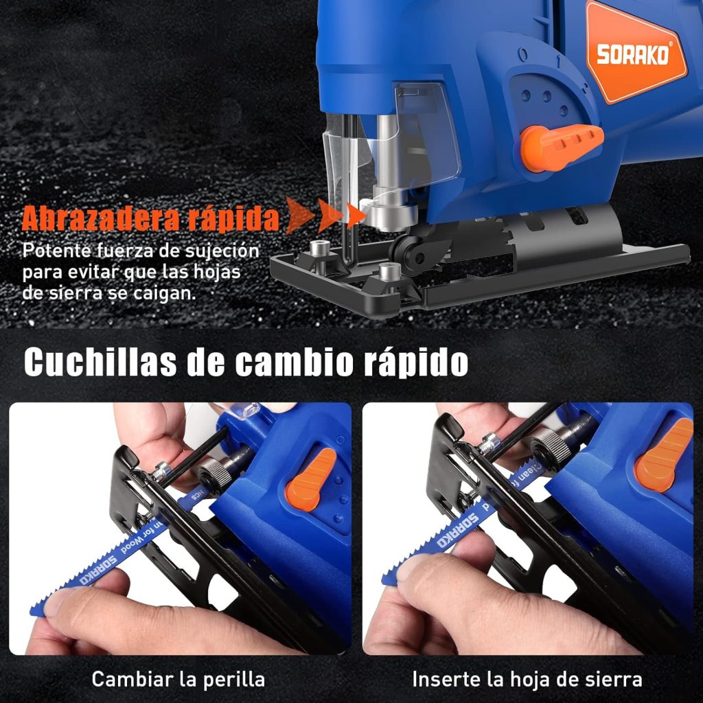 Sierra de calar 600 W, SORAKO caladora eléctrica 800~3000SPM, máx65 mm, 6 engranajes, 4 posiciones de pista, ángulo de corte ± 45°, para madera, PVC, madera contrachapada y metal