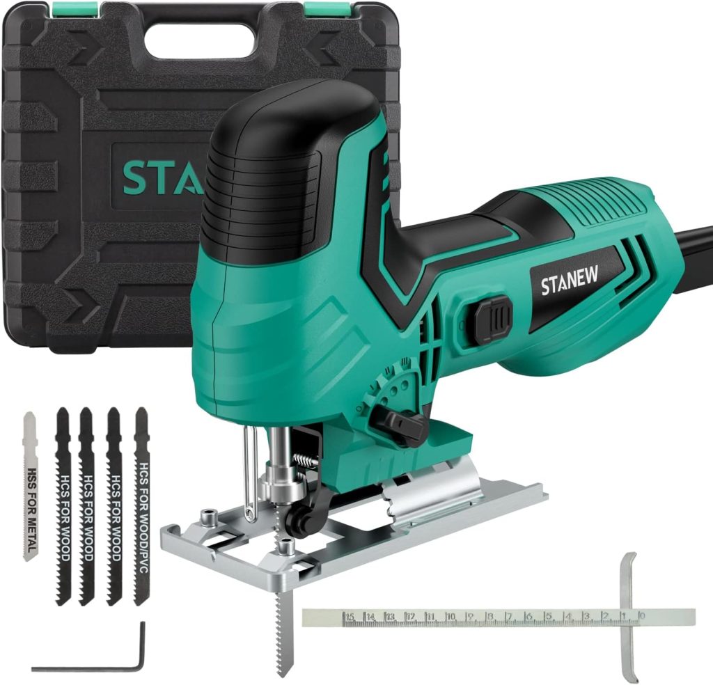 Sierra De Calar 650 W con 5 Hojas,3000 RPM Sierra De Calar Eléctrica STANEW,6 Velocidades Ajustables,Corte 45º, Para Madera, Metal, PVC.Cambio De Hoja Sin Herramientas