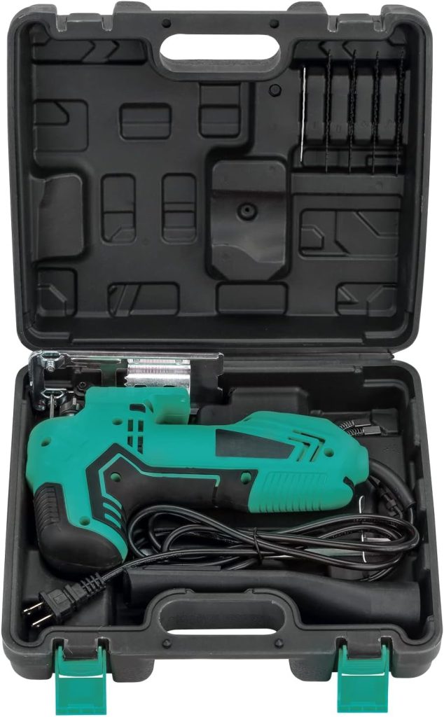 Sierra De Calar 650 W con 5 Hojas,3000 RPM Sierra De Calar Eléctrica STANEW,6 Velocidades Ajustables,Corte 45º, Para Madera, Metal, PVC.Cambio De Hoja Sin Herramientas