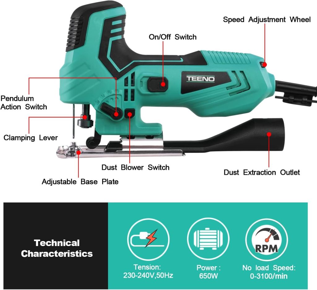 Sierra De Calar 650 W con 5 Hojas,3000 RPM Sierra De Calar Eléctrica STANEW,6 Velocidades Ajustables,Corte 45º, Para Madera, Metal, PVC.Cambio De Hoja Sin Herramientas